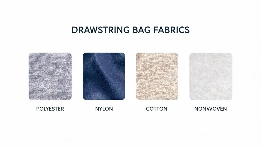 Fabric swatches for a custom drawstring bag showing polyester, nylon, cotton and non-woven options