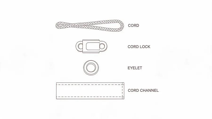 Diagram of custom drawstring bag cord, toggle and eyelet hardware in exploded view