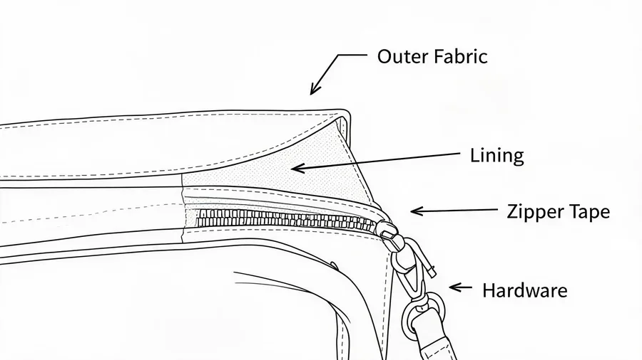 Handbag construction details: outer fabric, lining, zipper tape and hardware