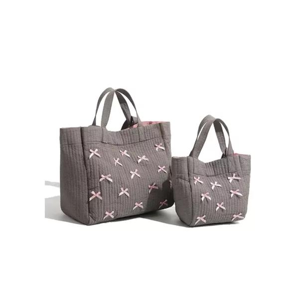 Wholesale Universal Niche And Fashionable Gray Tote Bag With Pink Bow | Bag Series Supplier - HB-5523